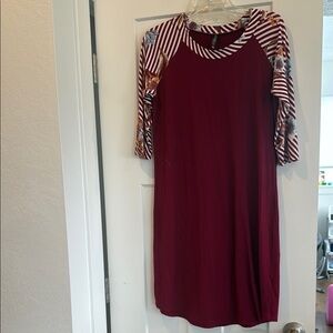 Burgundy and Striped Raglan Sleeve Dress